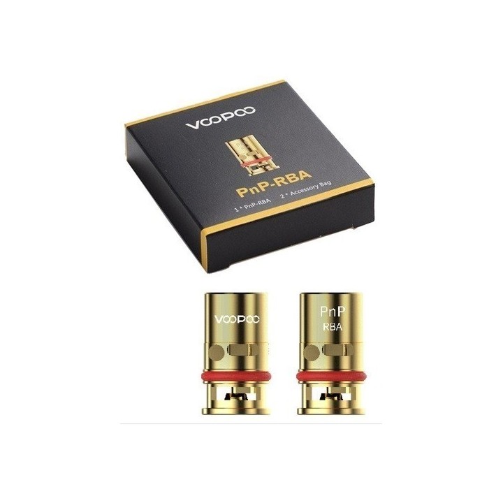 Voopoo PnP RBA Coil altın renkli, yedek kartuş ve kutusu.