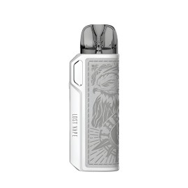Lost Vape Thelema Elite Pod Mod beyaz, kartal desenli, şık elektronik sigara.