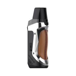 GeekVape Aegis Boost LE Pod Mod, siyah ve kahverengi deri detaylı.