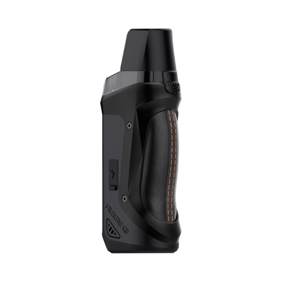 Siyah GeekVape Aegis Boost LE Pod Mod turuncu dikişli deri kaplama.