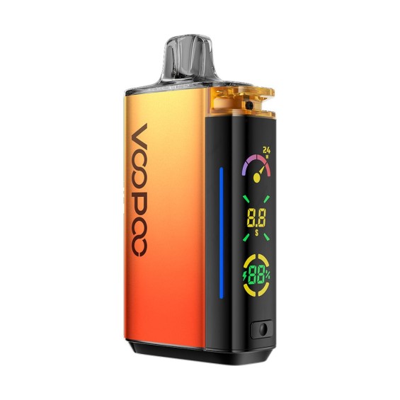 Voopoo VRizz Pod Mod turuncu-siyah renkli, dijital ekranlı elektronik sigara.