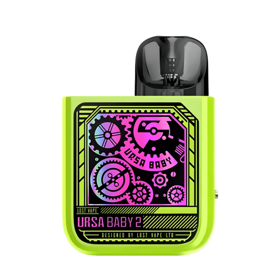 Lost Vape Ursa Baby 2 Pod Mod, neon yeşil, mekanik dişli tasarımlı.