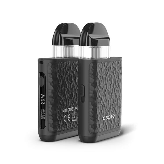 Aspire Minican 4 Plus Pod Mod, siyah, dokulu gövde, 20W ekranlı.