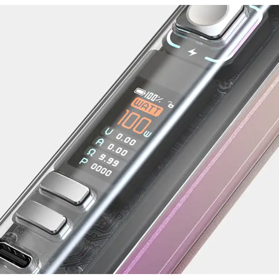 Aspire Veynom EX Pod Mod şeffaf gövde ve 100W ekran detayı.