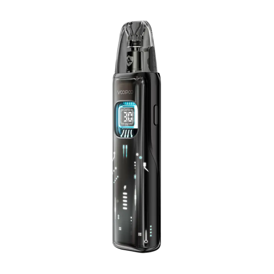 Voopoo Argus Matrix Pod Mod Siyah, şeffaf gövdeli, dijital ekranlı elektronik sigara.