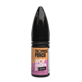 Riot Tropical Punch Salt Likit 20MG - Siyah kapaklı, turuncu/pembe etiketli.
