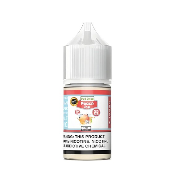 Pod Juice Peach Ice Salt Likit 55MG, şeftali mentollü e-likit şişesi.