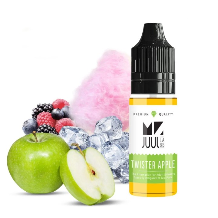 Mr. Juul Twister Apple Salt Likit, yeşil elma, meyve ve buzlu aroma.