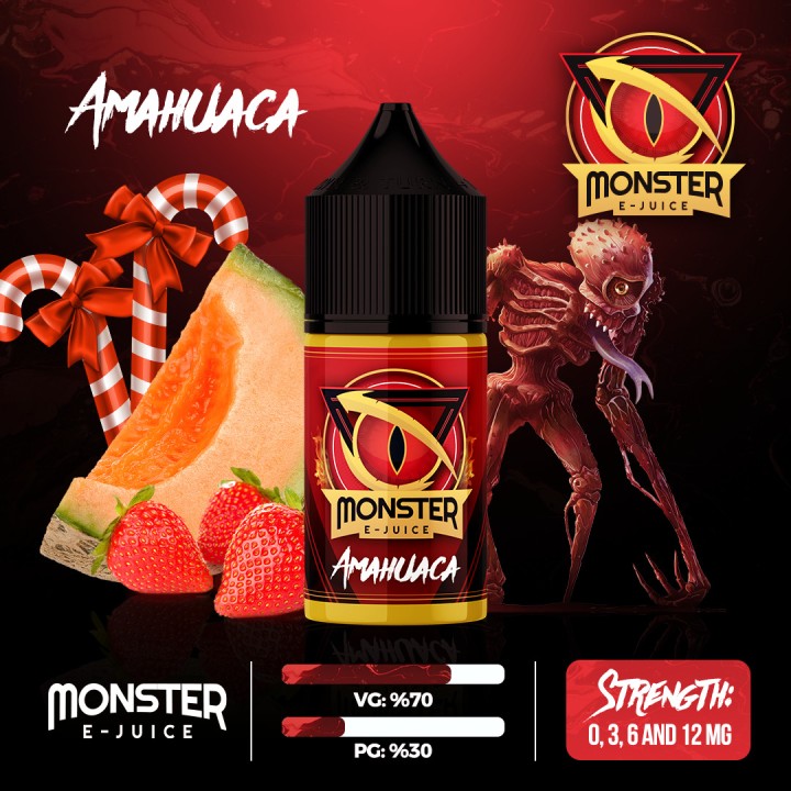 Monster Amahuaca E-Likit: Çilek ve Kavun Aromalı, Kırmızı Şişeli Premium E-Juice