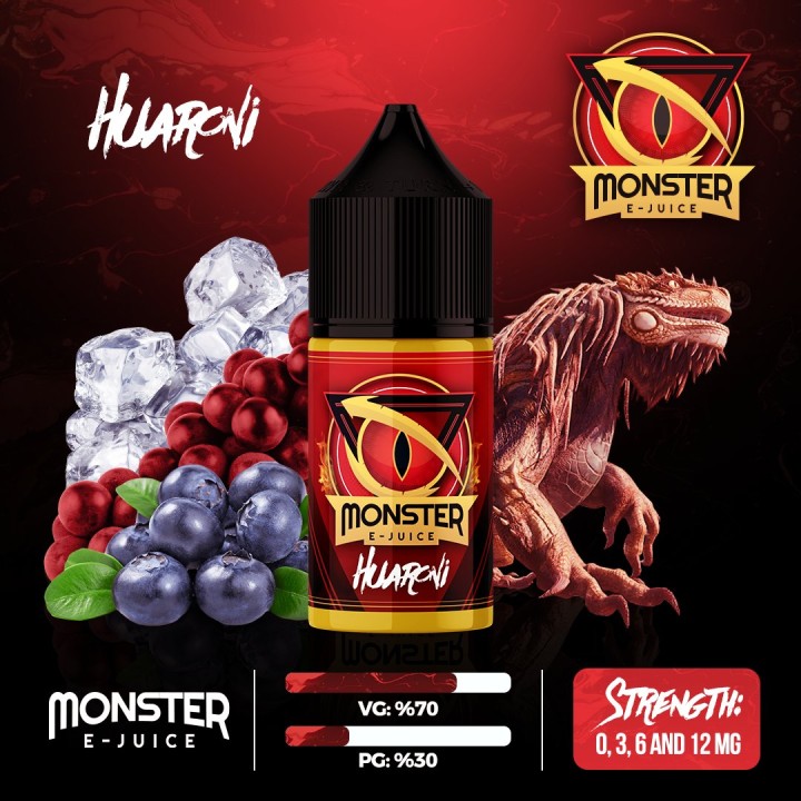 Monster Huaroni E-Likit şişesi, yaban mersini, ahududu ve buz efektli