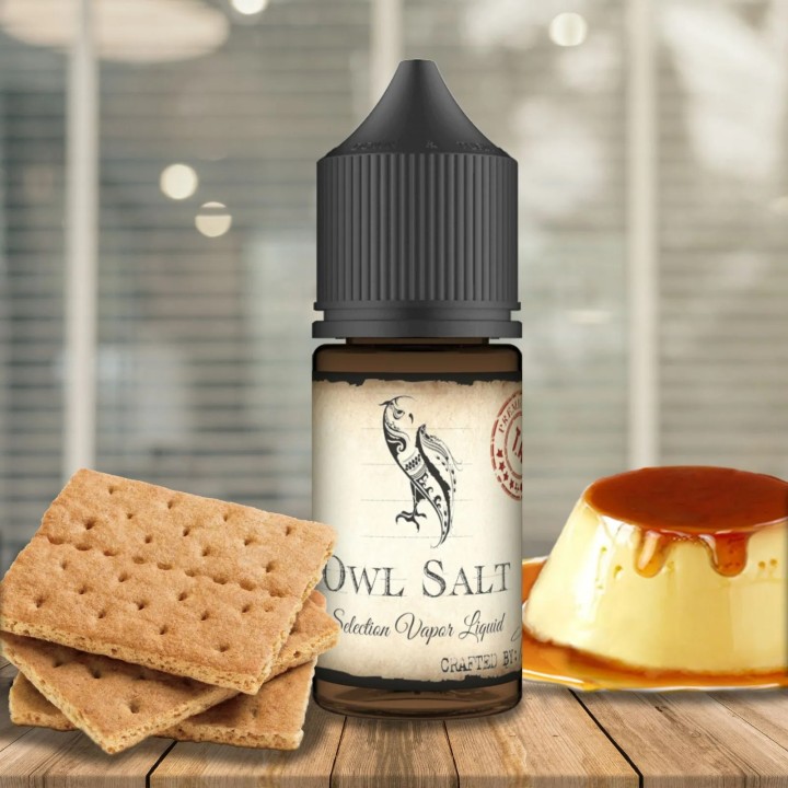 Owl Vape Custard King Salt Likit, bisküvi ve karamelli puding aromalı likit.