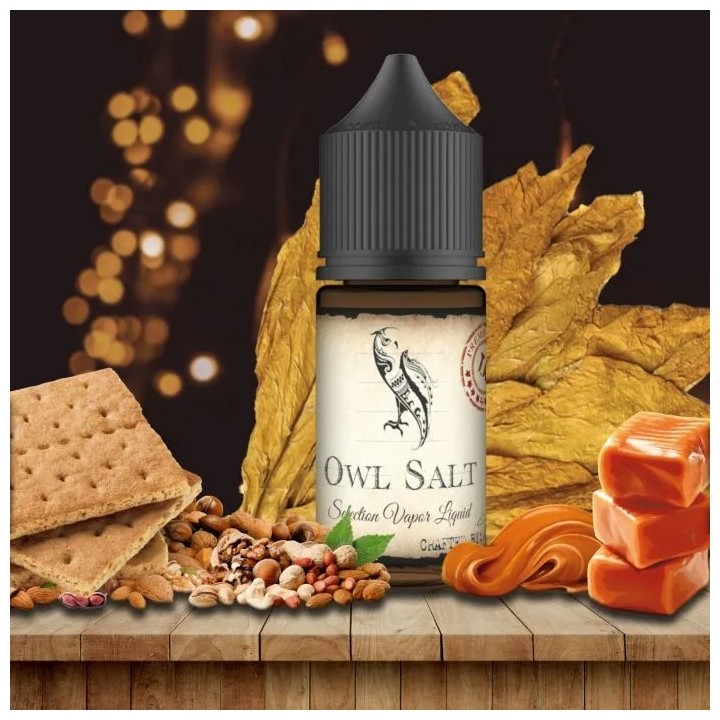 Owl Salt Likit şişesi, karamel, kuruyemiş ve tütün yaprağı ile.
